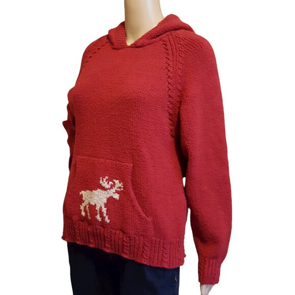 Woolrich Hoodie Sweater Women's M Fits Small Red Reindeer Pullover Knit Pocket - Picture 2 of 11